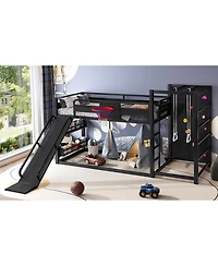 Streamdale Furniture metal loft bed with basketball hoop, rings, climbing wall, slide, bookshelves