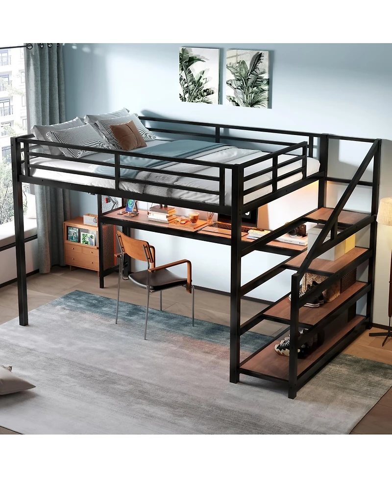 Streamdale Queen Loft Bed with Desk and Storage Stairs, Metal Loft Bed with Led Lights & Usb Ports, Black