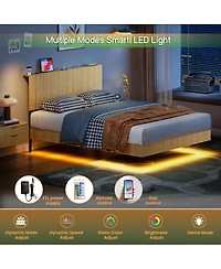 Streamdale Furniture Oak Queen Floating Bed with Charging Station & Led Lights