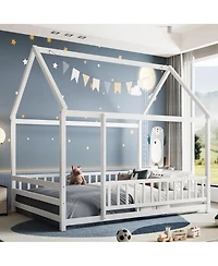 Streamdale Furniture Full Size Floor Wooden Bed with House Roof Frame, Fence Guardrails, White