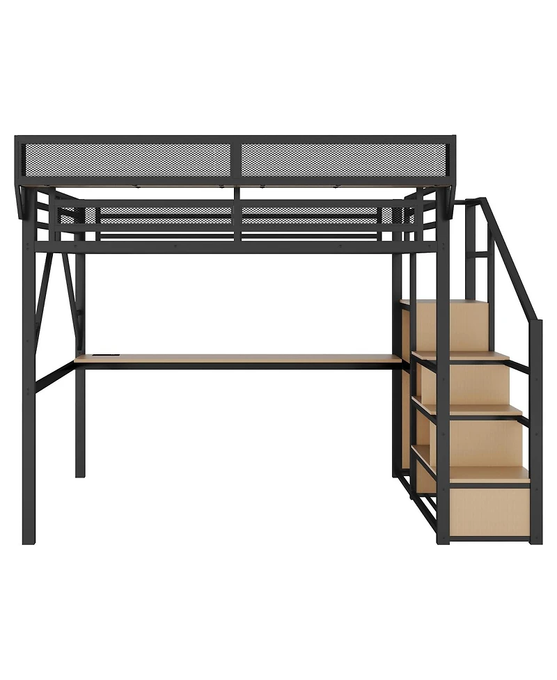 Streamdale Furniture Streamdale Queen Loft Bed with Desk, Stairs, Charging Station & Light, Black