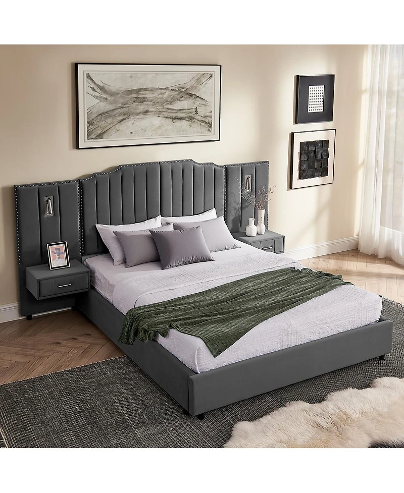 Streamdale Furniture Velvet Upholstered Bed Frame with Vertical Stripes