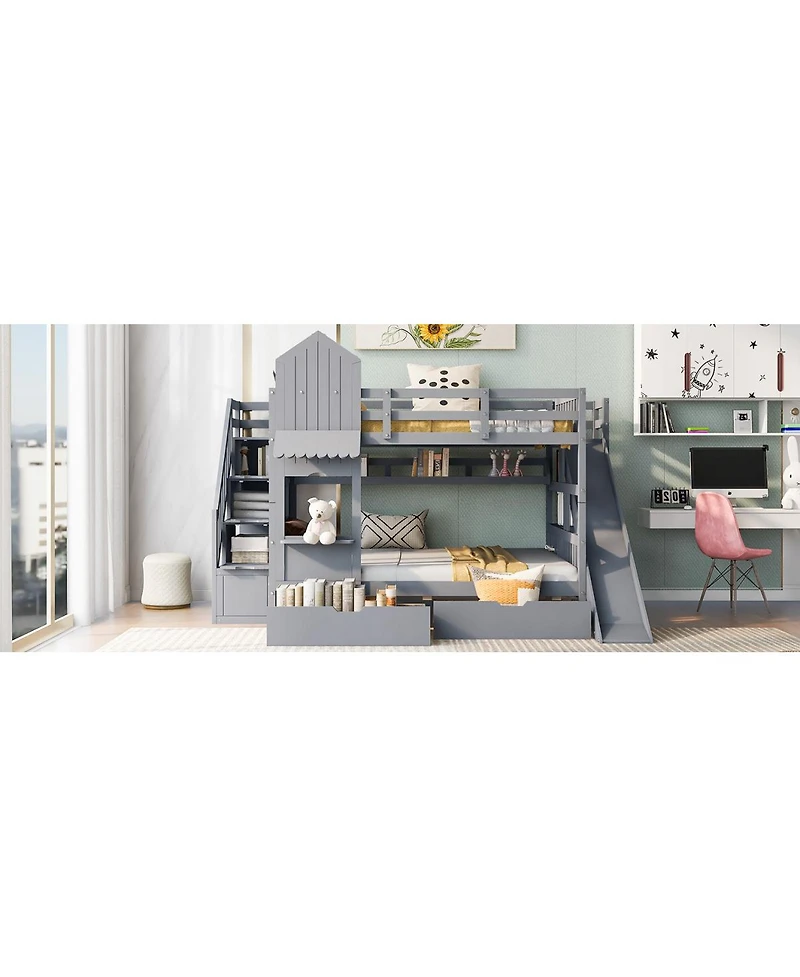 Streamdale Furniture Full-Over-Full Castle Style Bunk Bed with 2 Drawers 3 Shelves and Slide - Gray