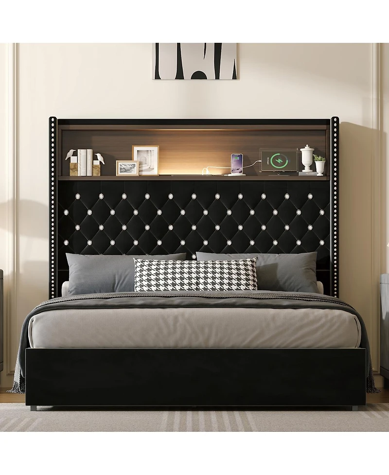 Streamdale Furniture Full Size Velvet Tufted Bed Frame with Usb