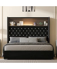 Streamdale Furniture Full Size Velvet Tufted Bed Frame with Usb