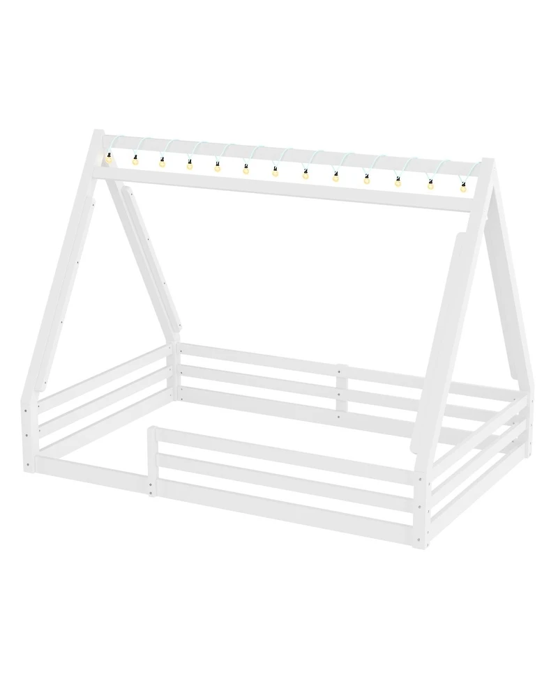 Streamdale Furniture Full Size House Floor Bed with Tent and Light, Solid Wood Teepee Design