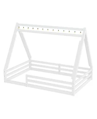 Streamdale Furniture Full Size House Floor Bed with Tent and Light, Solid Wood Teepee Design