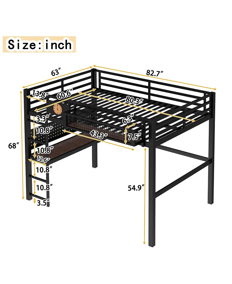 Streamdale Furniture Queen Size Loft Bed Frame with Desk and Storage