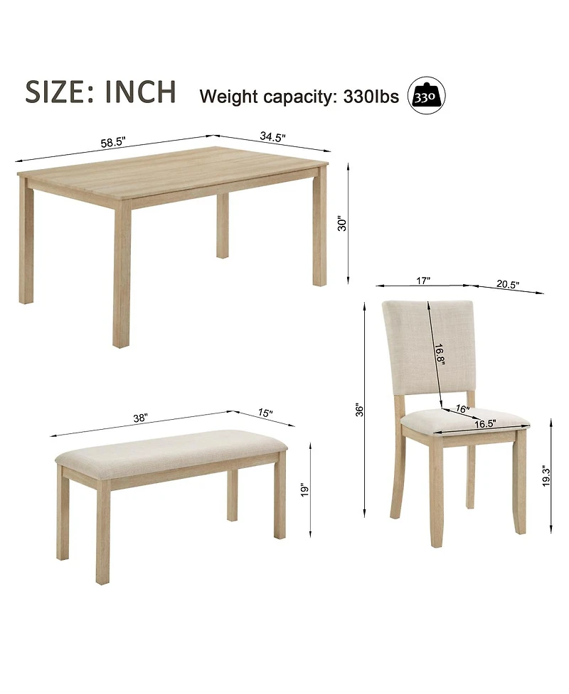 Streamdale Furniture 6 Piece Dining Table Set with Bench, Wooden Kitchen Table & 4 Upholstered Chairs