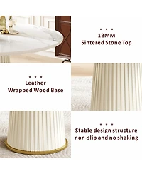 Streamdale Furniture Modern 43.3" Round Dining Table, Glossy Sintered Stone Top, Pu Leather Pedestal