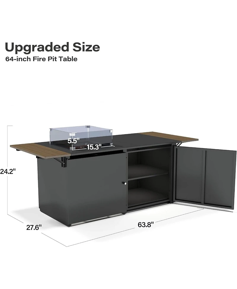 Decksplore Propane Fire Pit Table 64 Inch with Lid, 55, 000 Btu Gas Fire Pits for Outside Patio with Glass Wind Guard, Gray Glass Beads