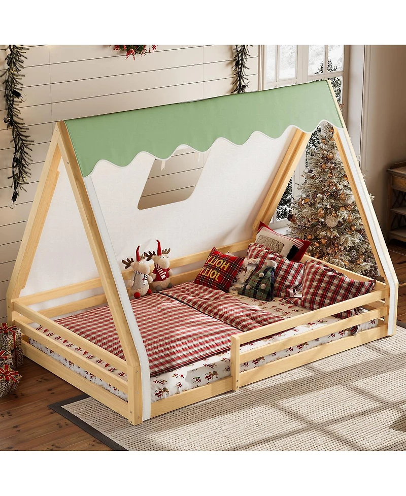 Streamdale Furniture Full Size House Floor Bed with Tent and Light, Solid Wood Teepee Design
