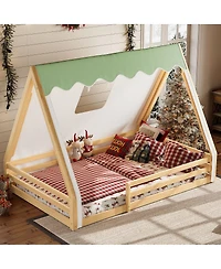 Streamdale Furniture Full Size House Floor Bed with Tent and Light, Solid Wood Teepee Design