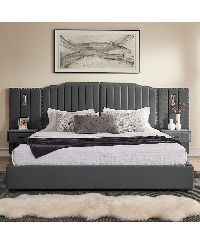 Streamdale Furniture King Size Velvet Upholstered Bed Frame with Vertical Stripes & Headboard
