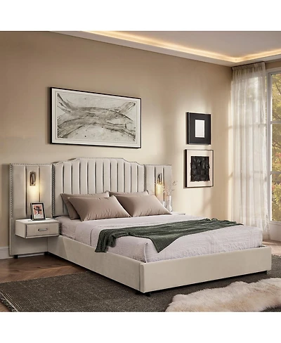 Streamdale Furniture Queen Size Velvet Upholstered Bed Frame with Vertical Stripes