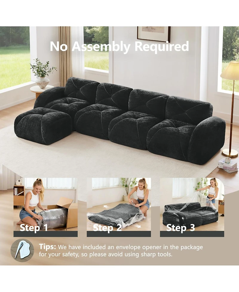 Streamdale Furniture L-shaped Velvet Tufted Sofa with Movable Ottoman