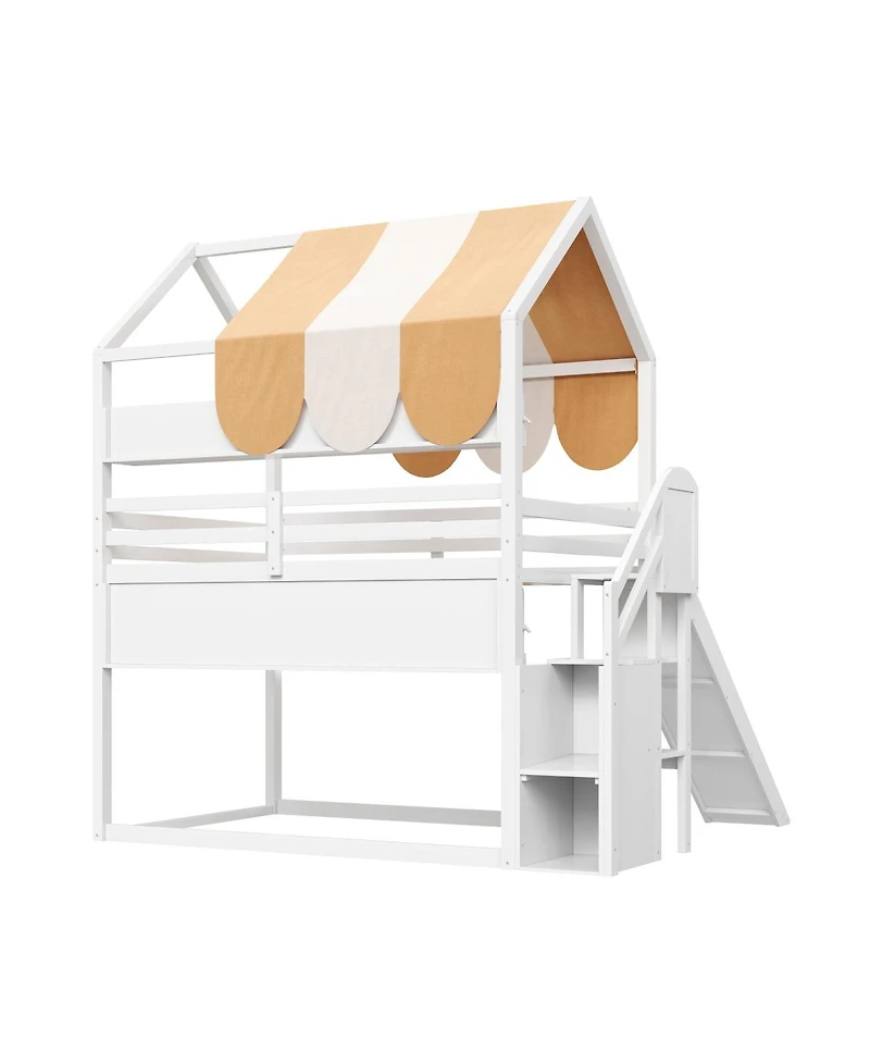 Streamdale Furniture Full house Bed with Canopy, Slide & Built-In Bookshelves