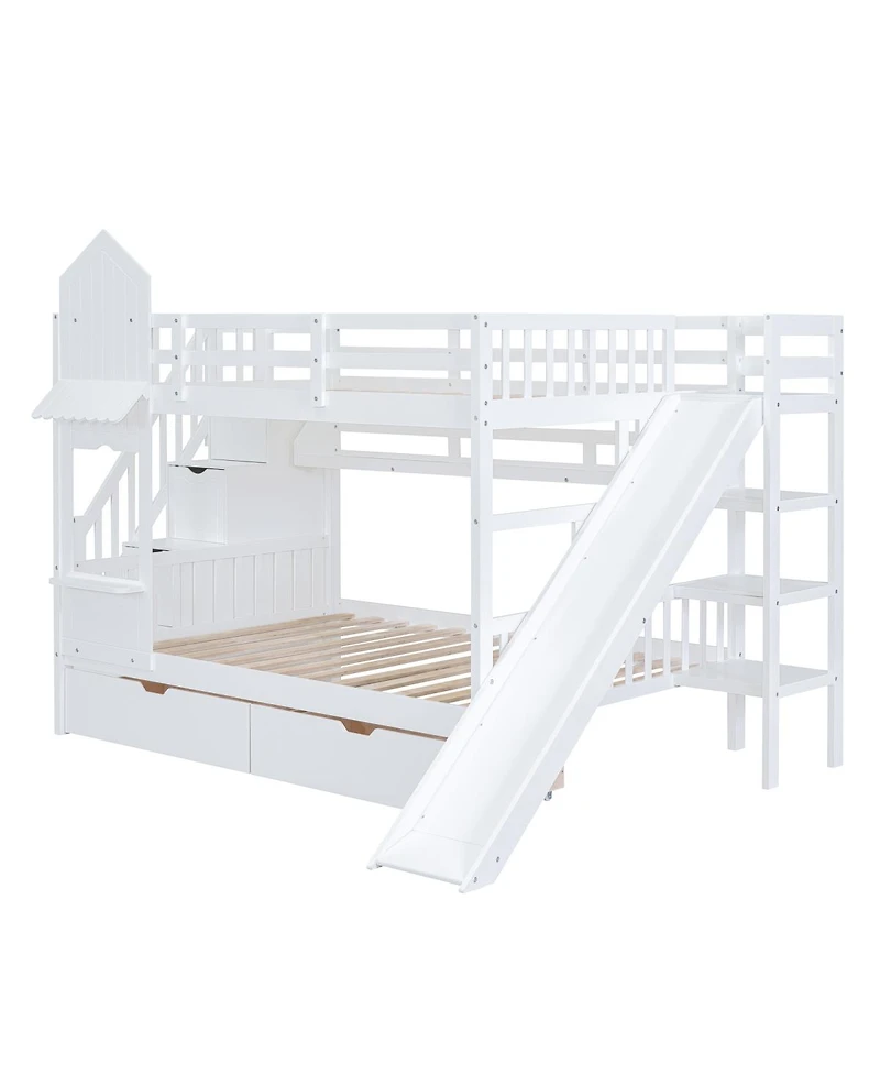Streamdale Furniture Full-Over-Full Castle Style Bunk Bed with 2 Drawers 3 Shelves and Slide
