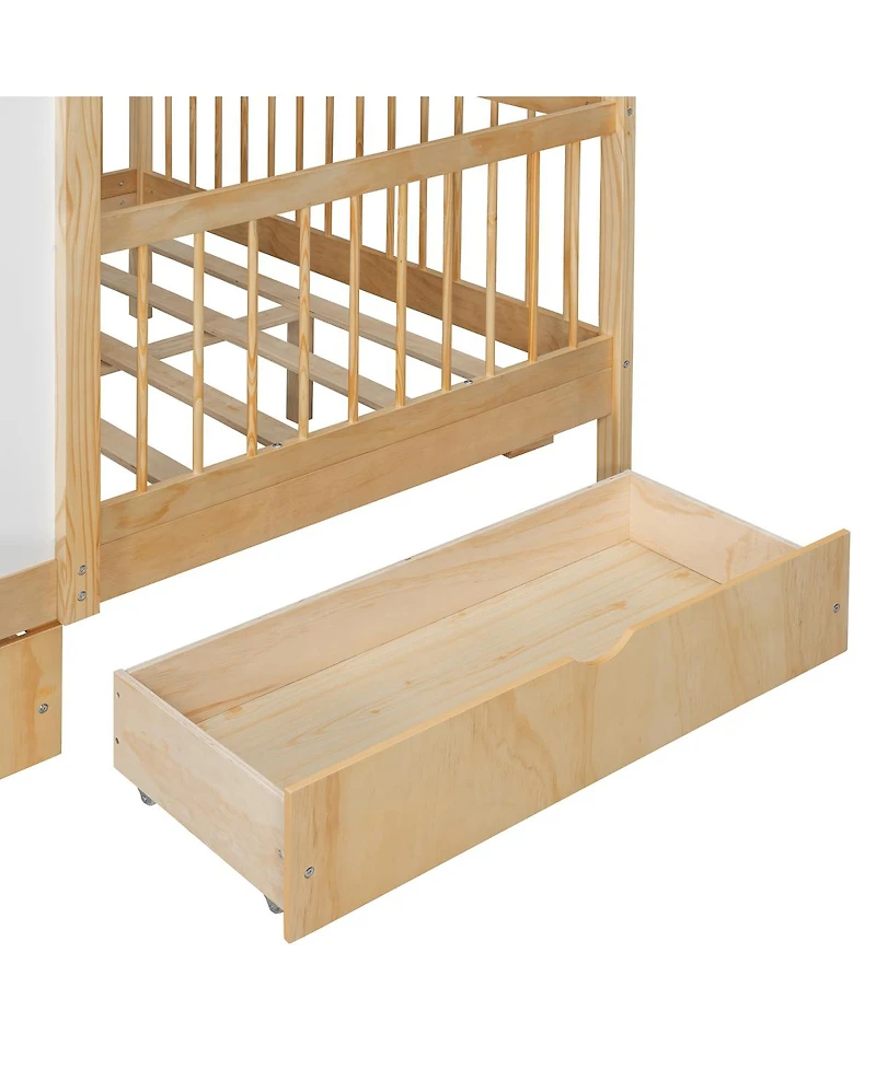 Streamdale Furniture Full Size House Bed with 2 Large Drawers, Side Bookshelf with Led Strip, Natural