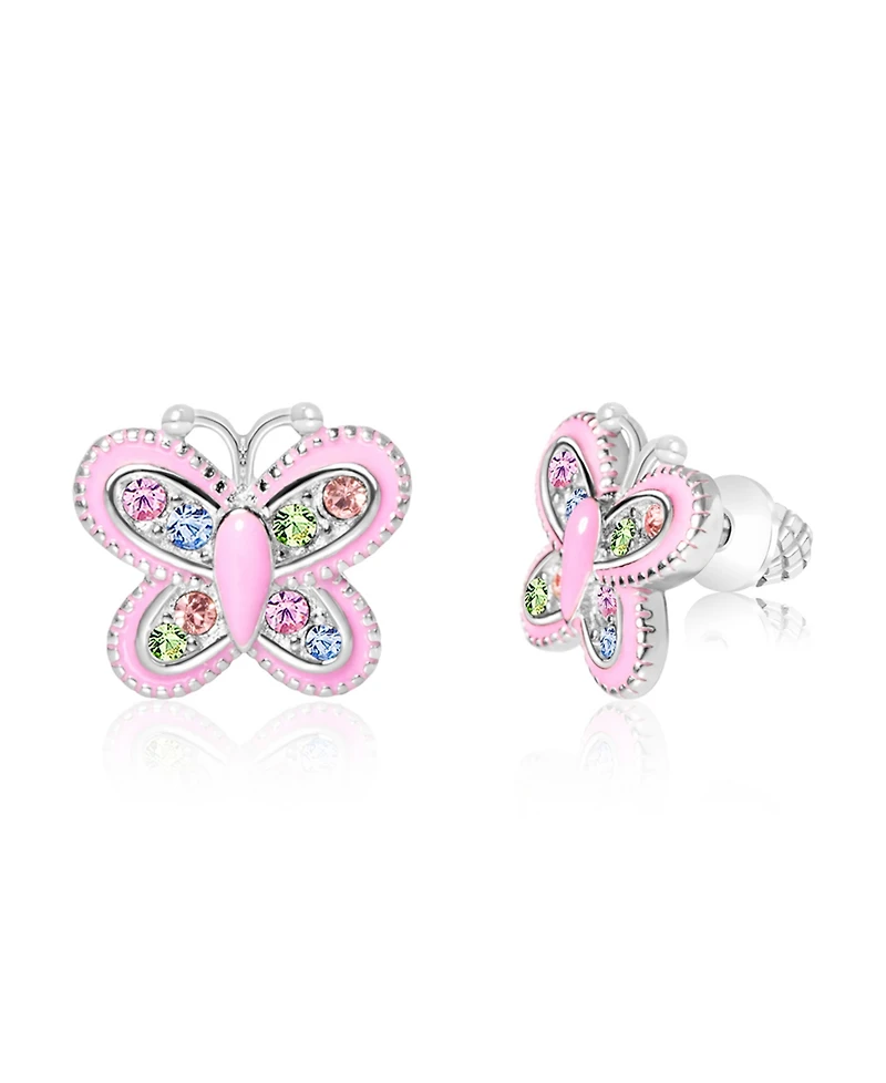 Chanteur/Girl/Butterfly Enamel Crystal White Gold Palladium Plating Screwstud Earring