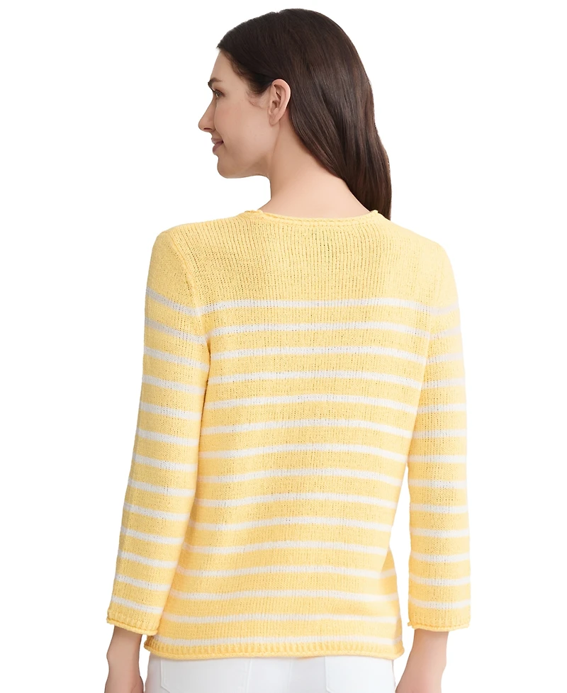 Jones New York Petite Striped Open Crewneck Sweater