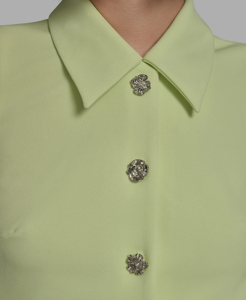 Karl Lagerfeld Paris Women's Flower-Button Collared Sleeveless Shift Dress