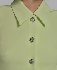 Karl Lagerfeld Paris Women's Flower-Button Collared Sleeveless Shift Dress