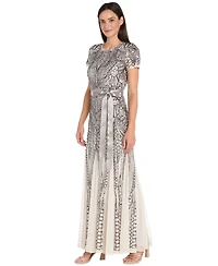 R & M Richards Women's Long Sequin Short-Sleeve Ball Gown