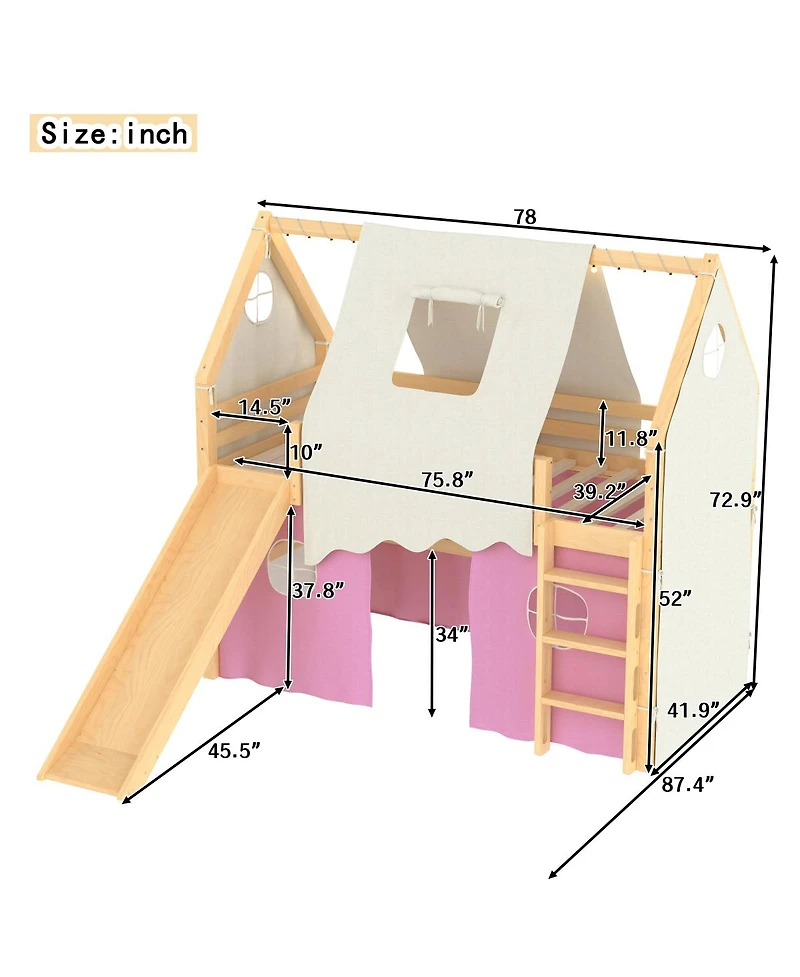 Streamdale Furniture Twin Size House Loft Bed with Slide, Lights, and Tents