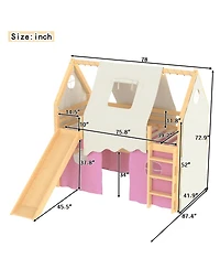Streamdale Furniture Twin Size House Loft Bed with Slide, Lights, and Tents