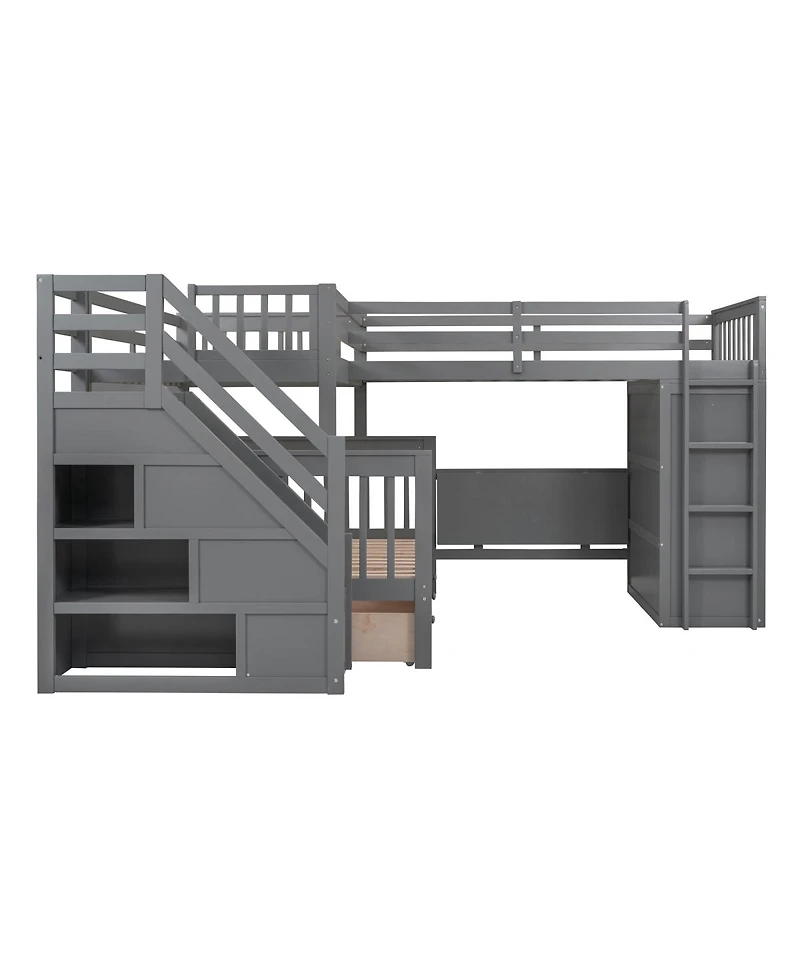 Streamdale Furniture Twin over Full L-Shaped Bunk Bed with Drawers, Desk, Wardrobe