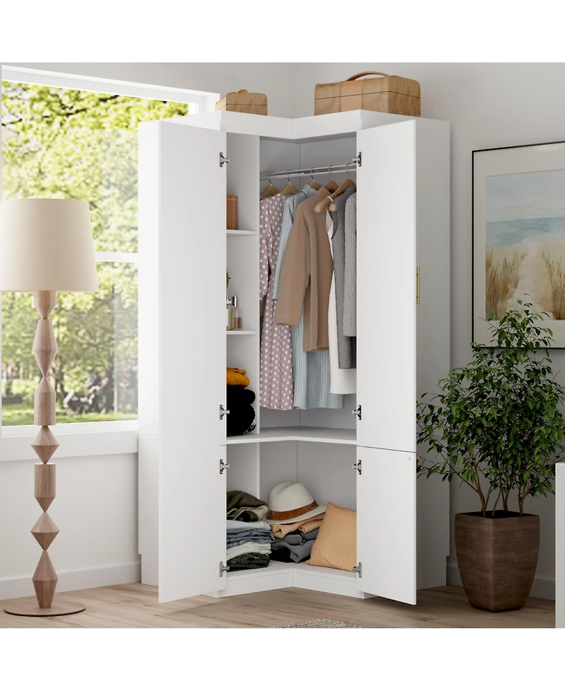 Famapy White Wood -Door Corner Wardrobe Armoires with Storage Shelves