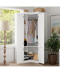 Famapy White Wood -Door Corner Wardrobe Armoires with Storage Shelves