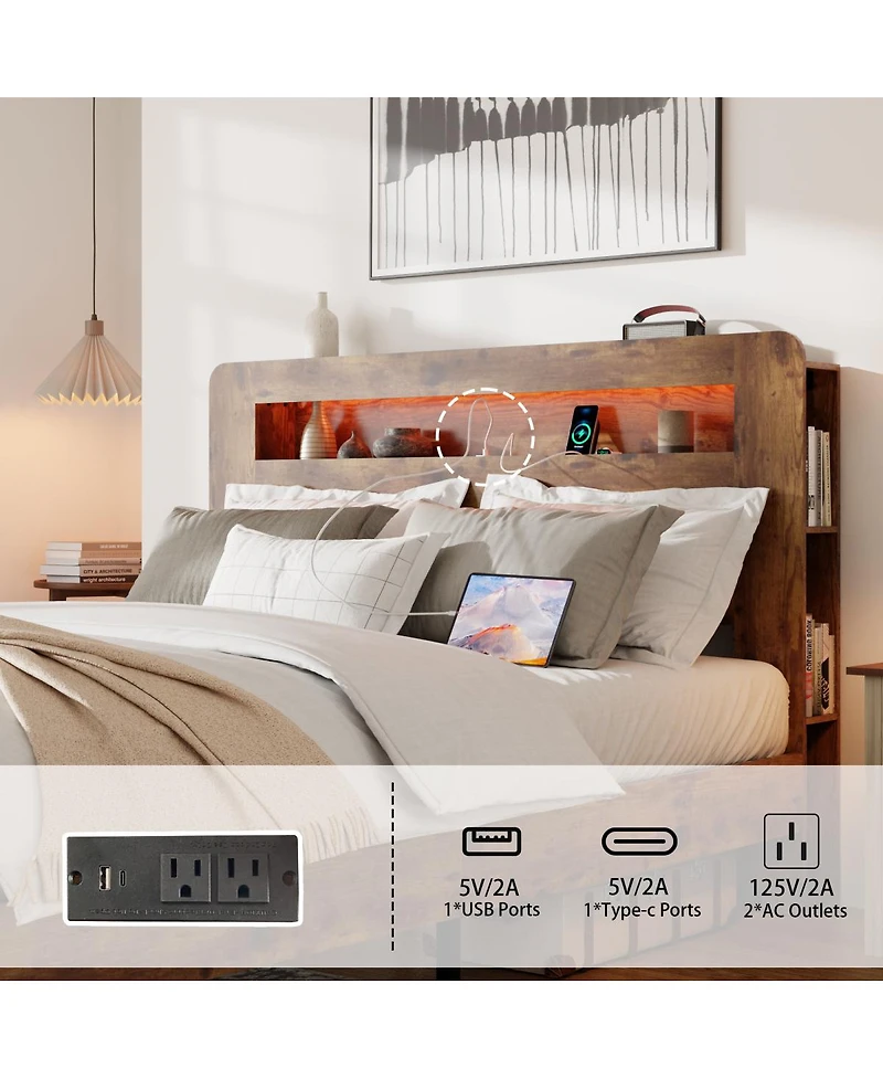Streamdale Furniture Wood Platform Bed Frame Queen w/Storage, Led, Usb