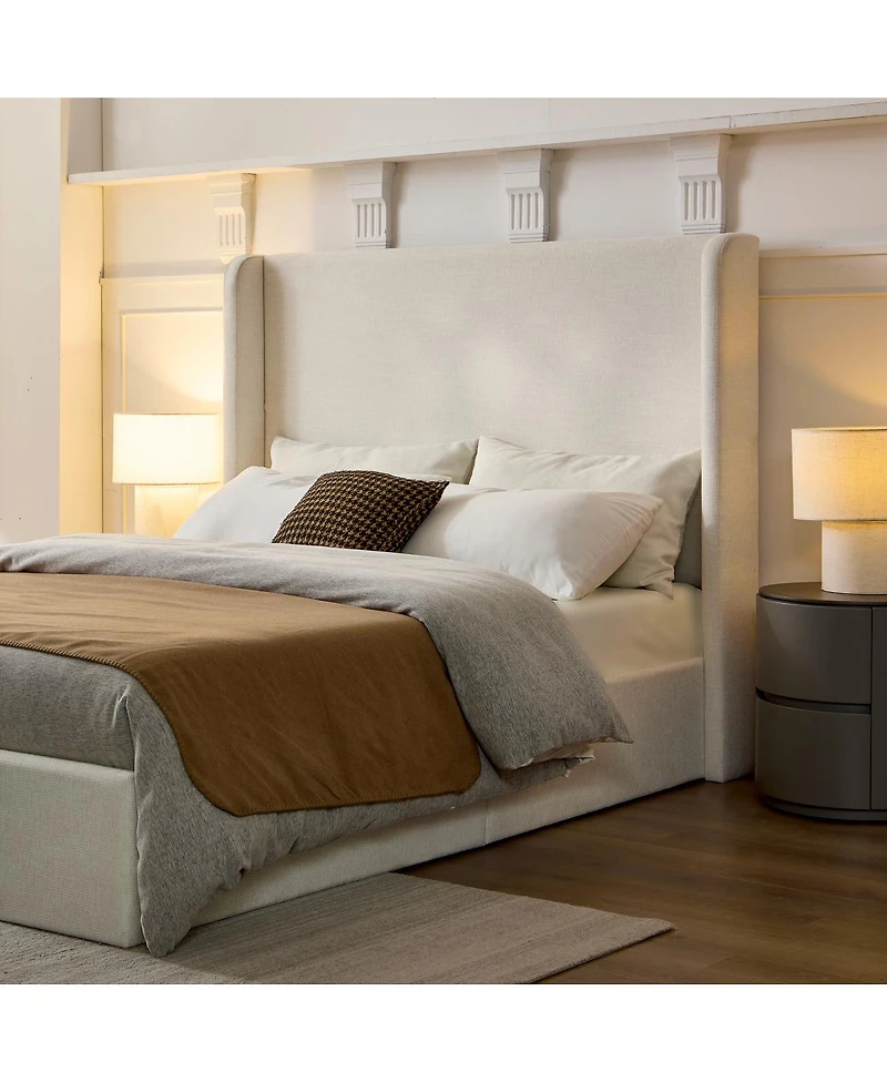 Streamdale Furniture Caron Textured Ivory Canvas Chenille King Wingback Bed - Easy Assembly