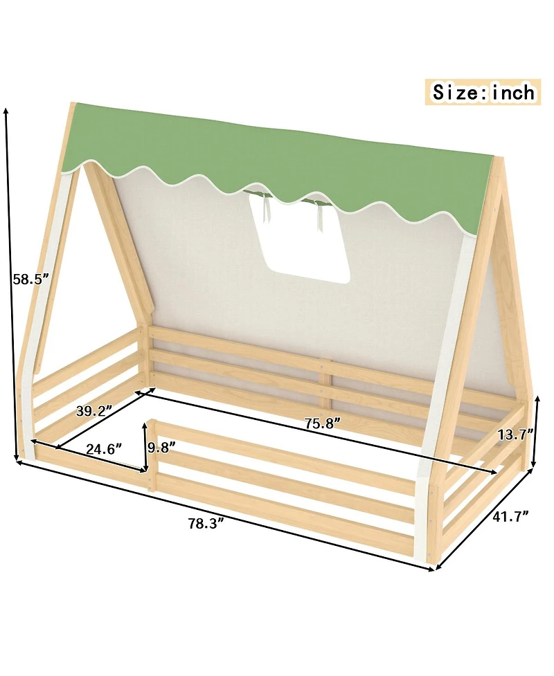 Streamdale Furniture Twin Size House Floor Bed with Tent and Light, Solid Wood Teepee Design