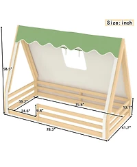 Streamdale Furniture Twin Size House Floor Bed with Tent and Light, Solid Wood Teepee Design