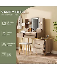 Streamdale Furniture 7-Drawer Vanity Desk with Led Mirror & Carved Details, Makeup Table with Stool