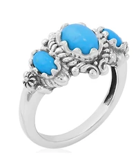 American West Jewelry Sterling Kingman Turquoise 3-Stone Oval Scalloped Bezel Ring, Sizes 5 to 11