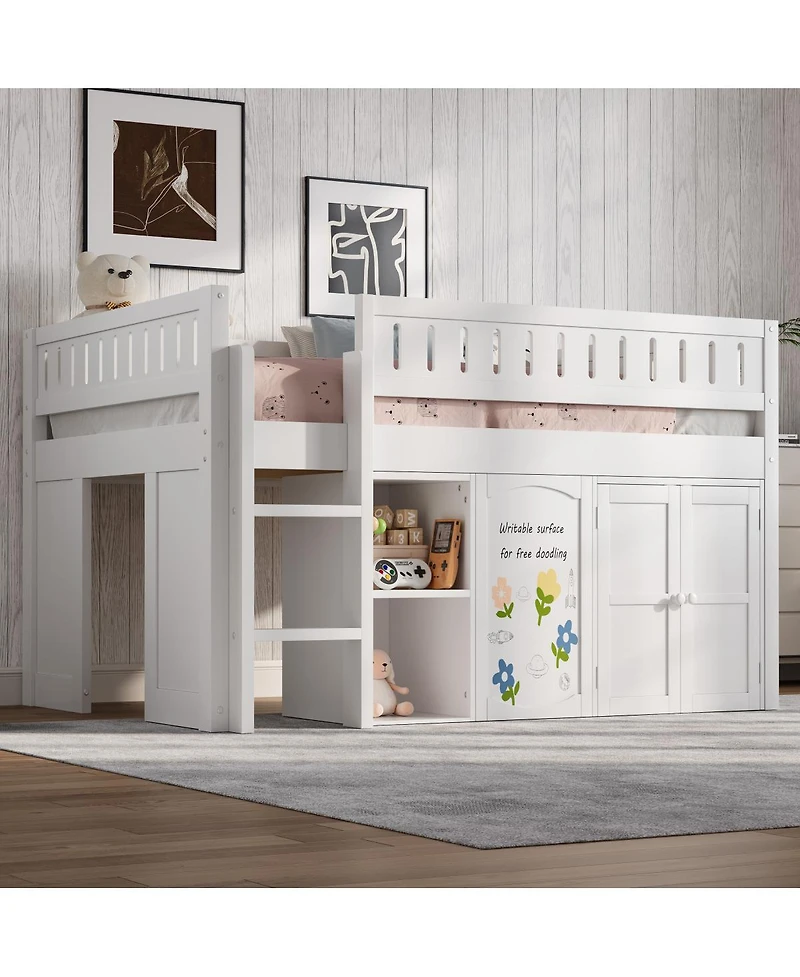 Streamdale Furniture Loft Bed with Storage Cabinet and Chalkboard Panel