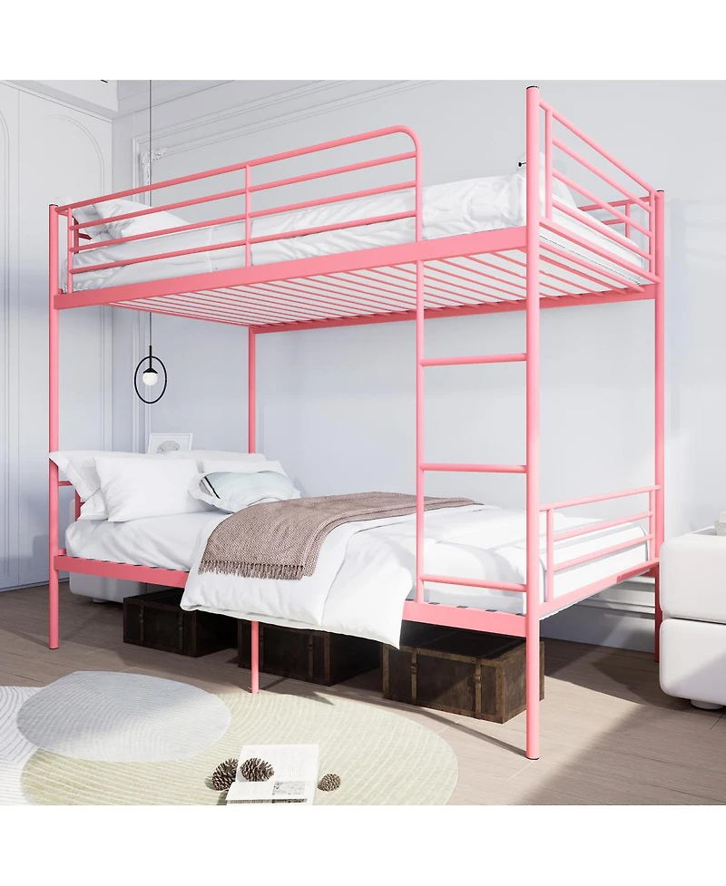 Streamdale Furniture Pink Twin Over Twin Metal Bunk Bed with Ladder, Guardrail, Storage, Noise Free