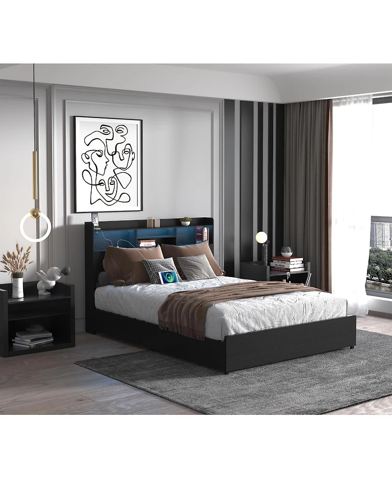 Streamdale Furniture Full Bed Frame with 4 Storage Drawers, Headboard, Led & Charging Station
