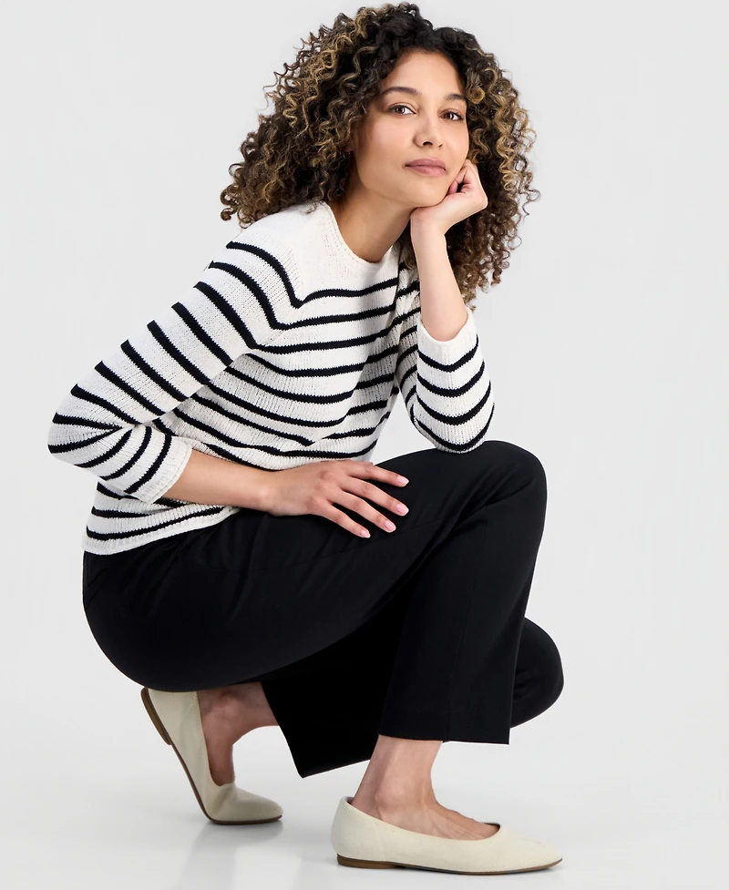 Jones New York Petite Striped Open Crewneck Sweater