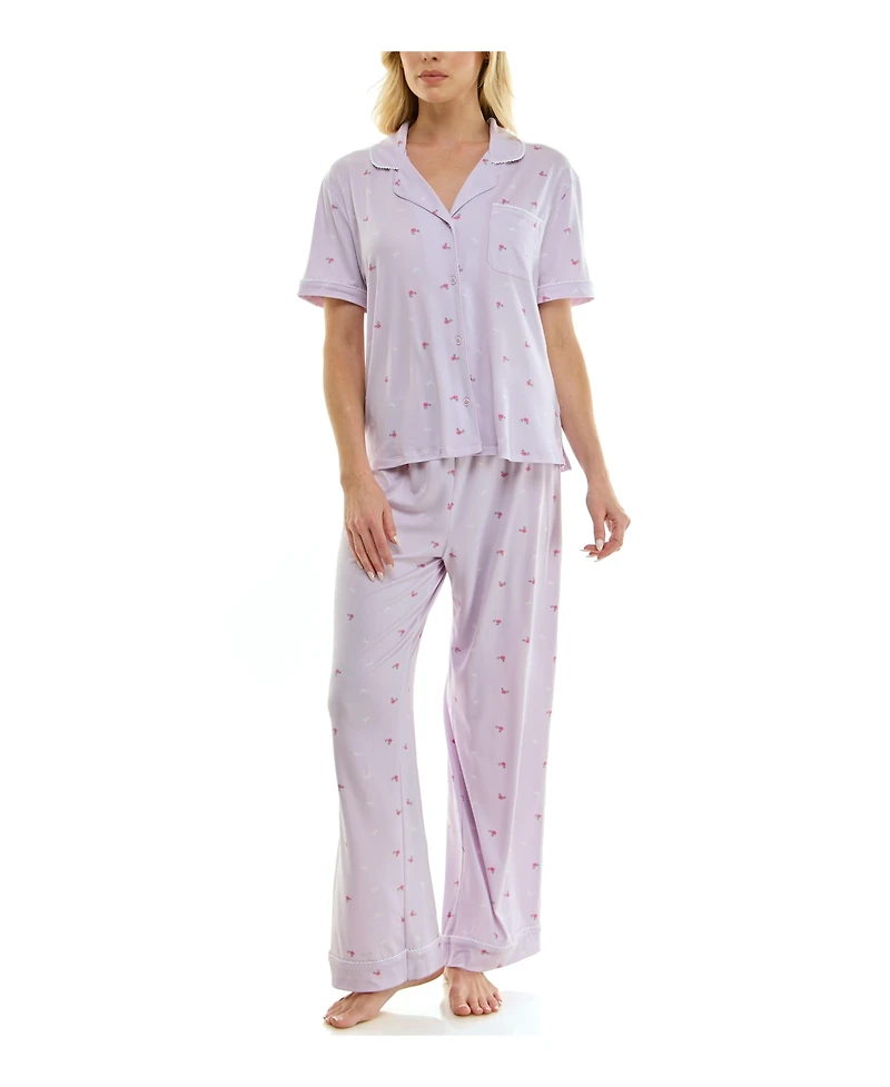 Roudelain Women's Short-Sleeve Shirt and Pants, 2-Piece Pajama Set