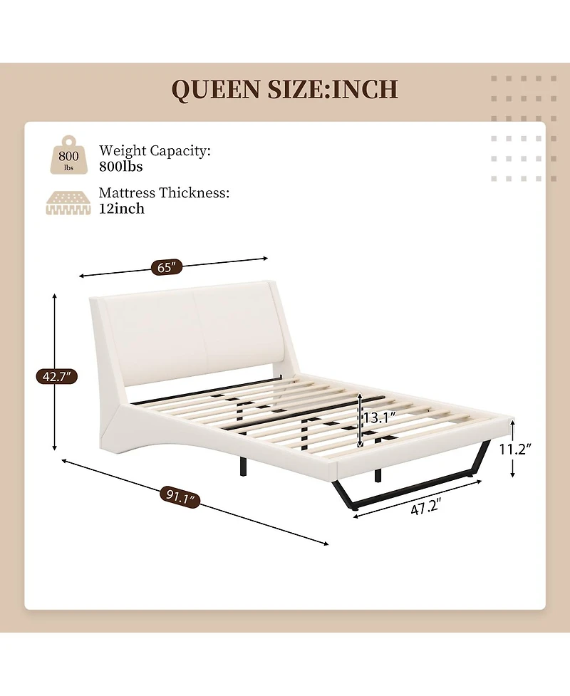 Streamdale Furniture Queen Size White Pu Leather Upholstered Platform Bed Frame, No Box Spring Needed