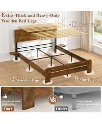 Streamdale Furniture Farmhouse King Bed Frame w/ Storage Shelf, Led Lights & Charging Station