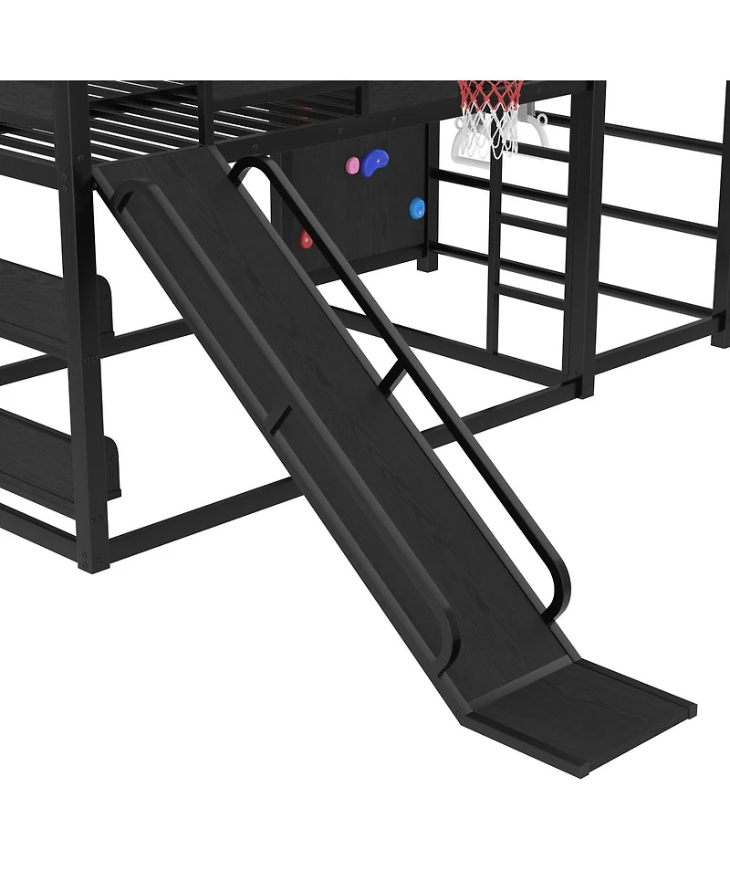 Streamdale Furniture Full size metal loft bed with basketball hoop, slide, and bookshelves.