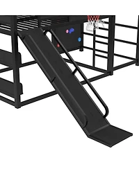 Streamdale Furniture Full size metal loft bed with basketball hoop, slide, and bookshelves.
