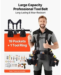 Mecale Tool Belt with Suspenders, 19 Pockets Heavy-Duty Tool Pouch, Adjustable Waist 31–51 in, Detachable Suspension Rig