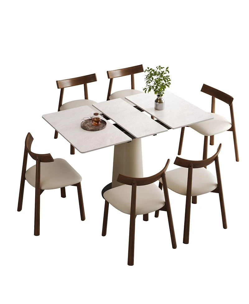 Streamdale Furniture Retractable Rock Slab Dining Table Set, 7-Piece Expandable Table with 6 Chairs & Leather Base